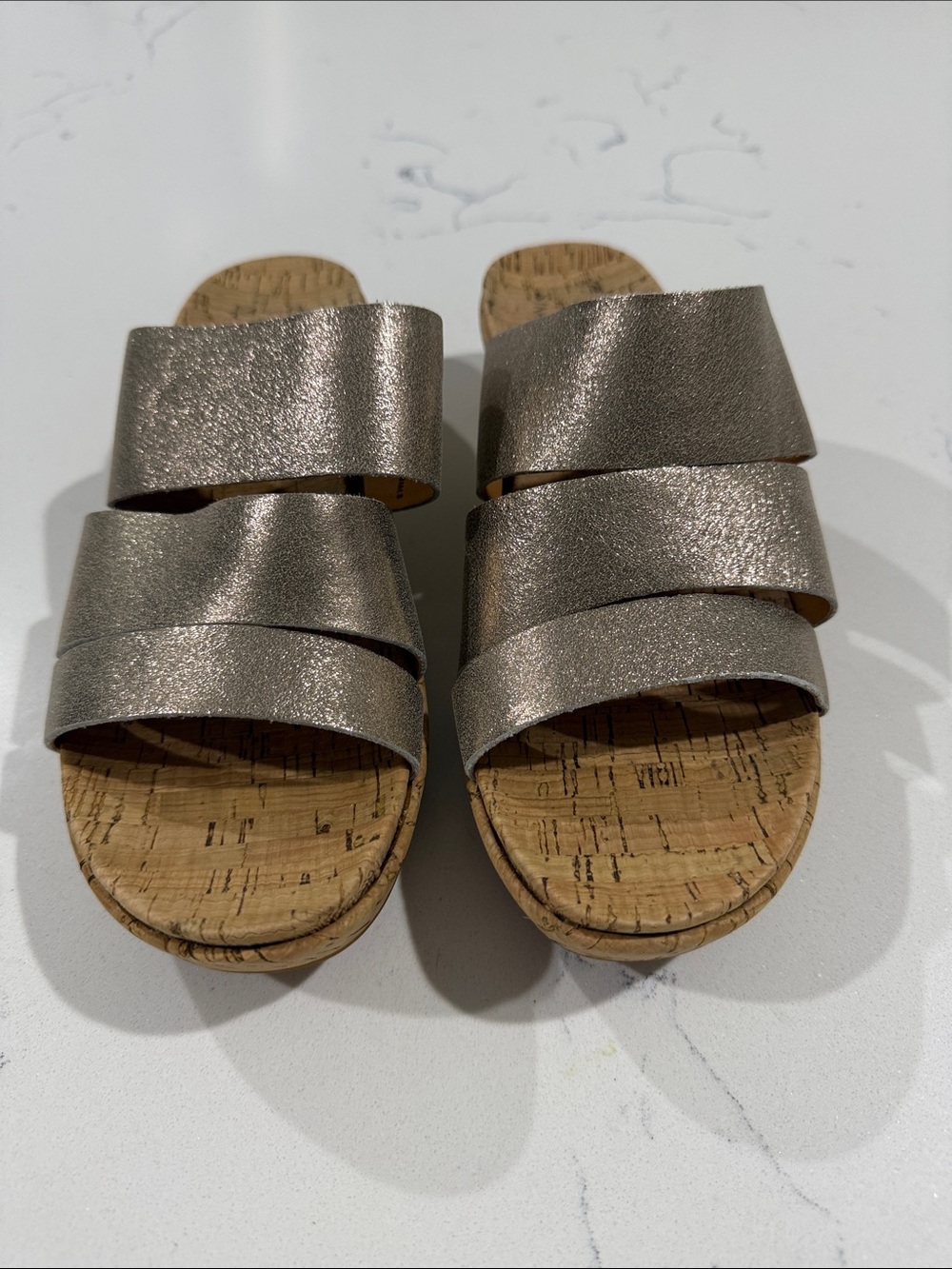 Women’s Kork-Ease Shimmery Bronze Triple-Strap Cork Slide Sandals
